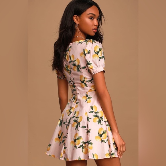 Lulus Squeeze the Day Light Pink Lemon Print Puff Sleeve Skater Dress, size S - Picture 2 of 5
